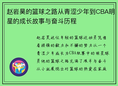 赵岩昊的篮球之路从青涩少年到CBA明星的成长故事与奋斗历程